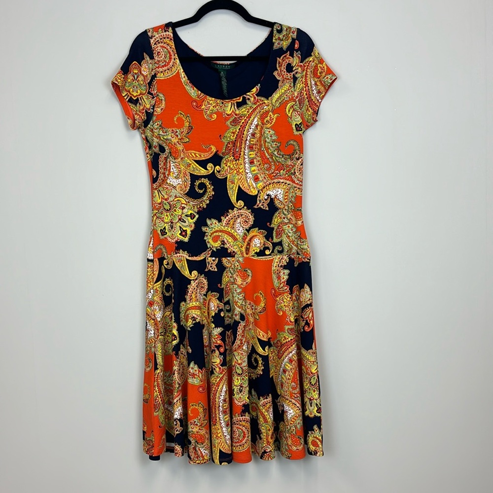 Lauren Ralph Lauren Blue Orange Paisley Print Dress Size Medium